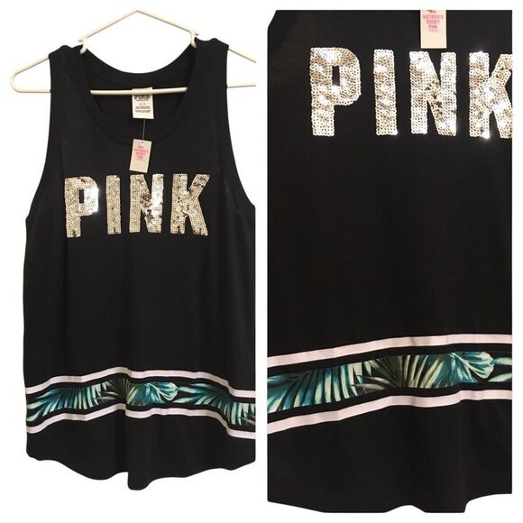 NWT VICTORIA’S SECRET PINK LOGO SEQUIN RACERBACK TROPICAL PRINT‎ TANK TOP SMALL - Picture 1 of 10